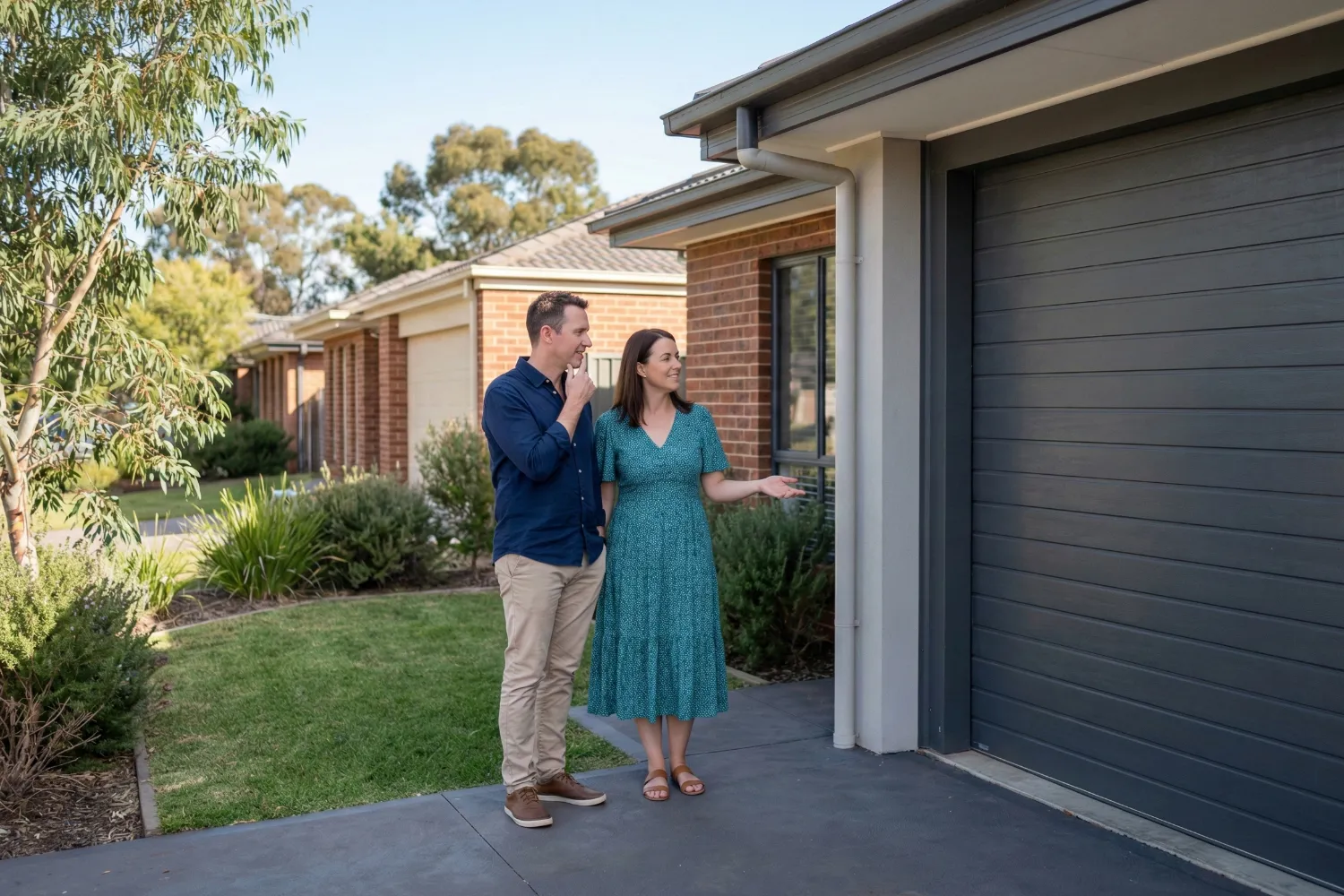 A husband and wife in stand in a suburban Australian driveway, thoughtfully looking at a modern roller garage door as part of their home lifestyle decision in roller door selection.