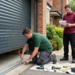 Two professional installers fitting a high-quality roller garage door on a residential home, which demonstrates expert workmanship and attention to detail.